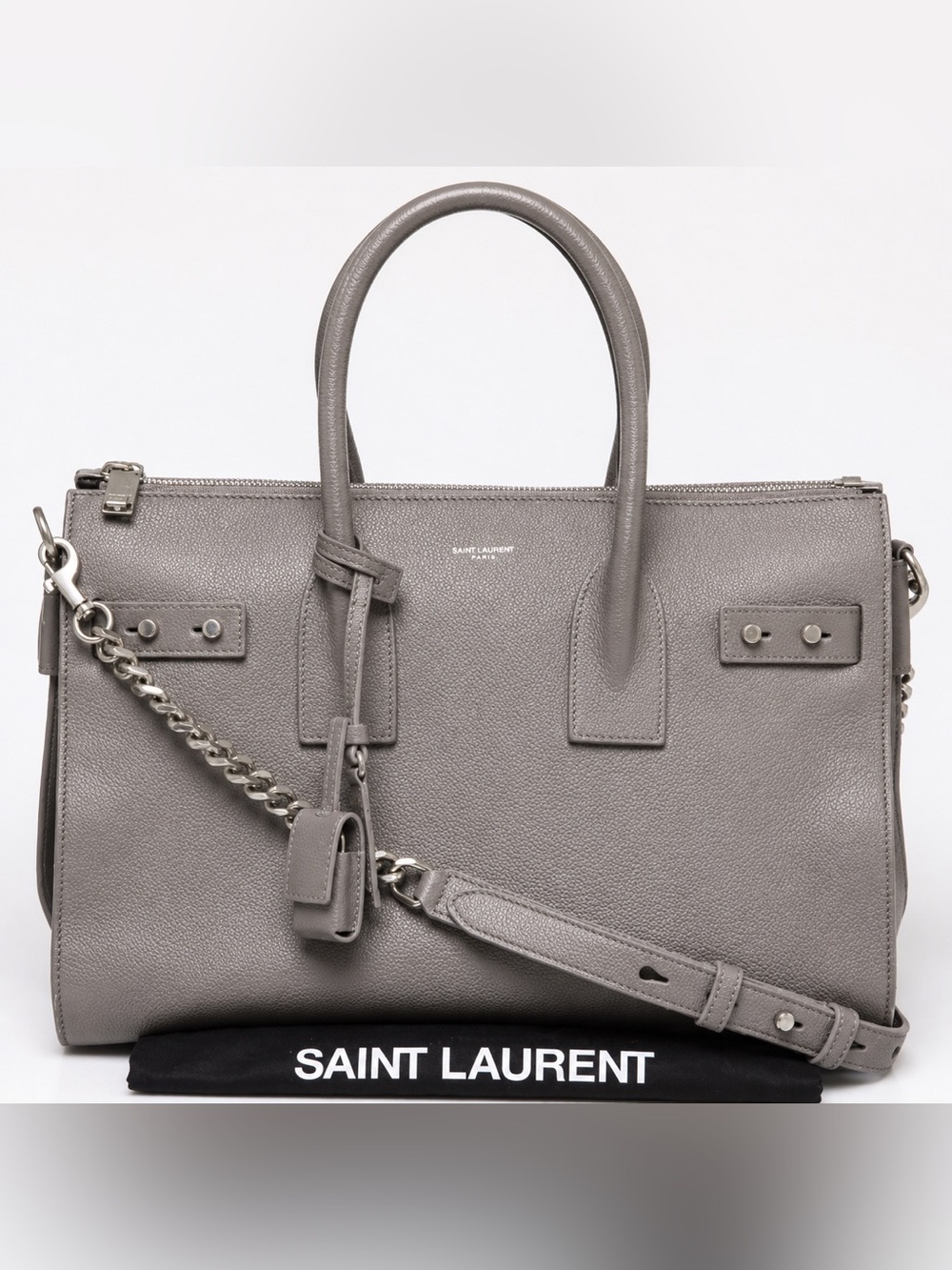 Saint Laurent Gray Grained Calfskin Souple Sac De Jour